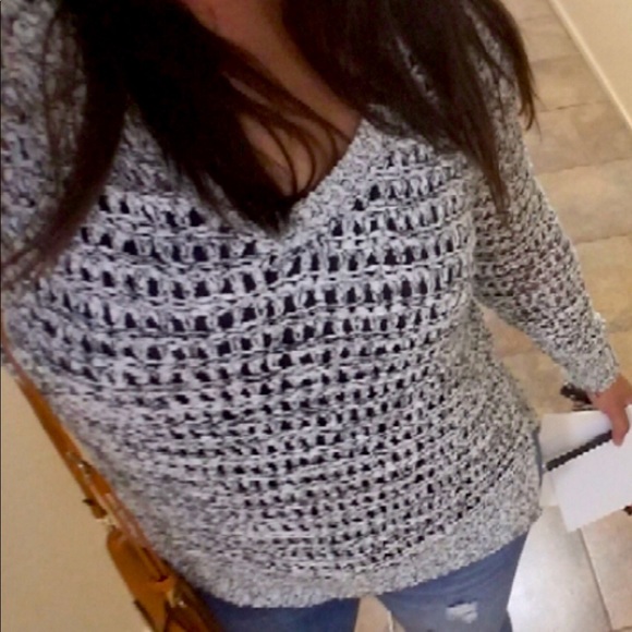 LOFT Chunky V-Neck Open Knit Sweater, Gray & White Marled | Sz S - Picture 5 of 9